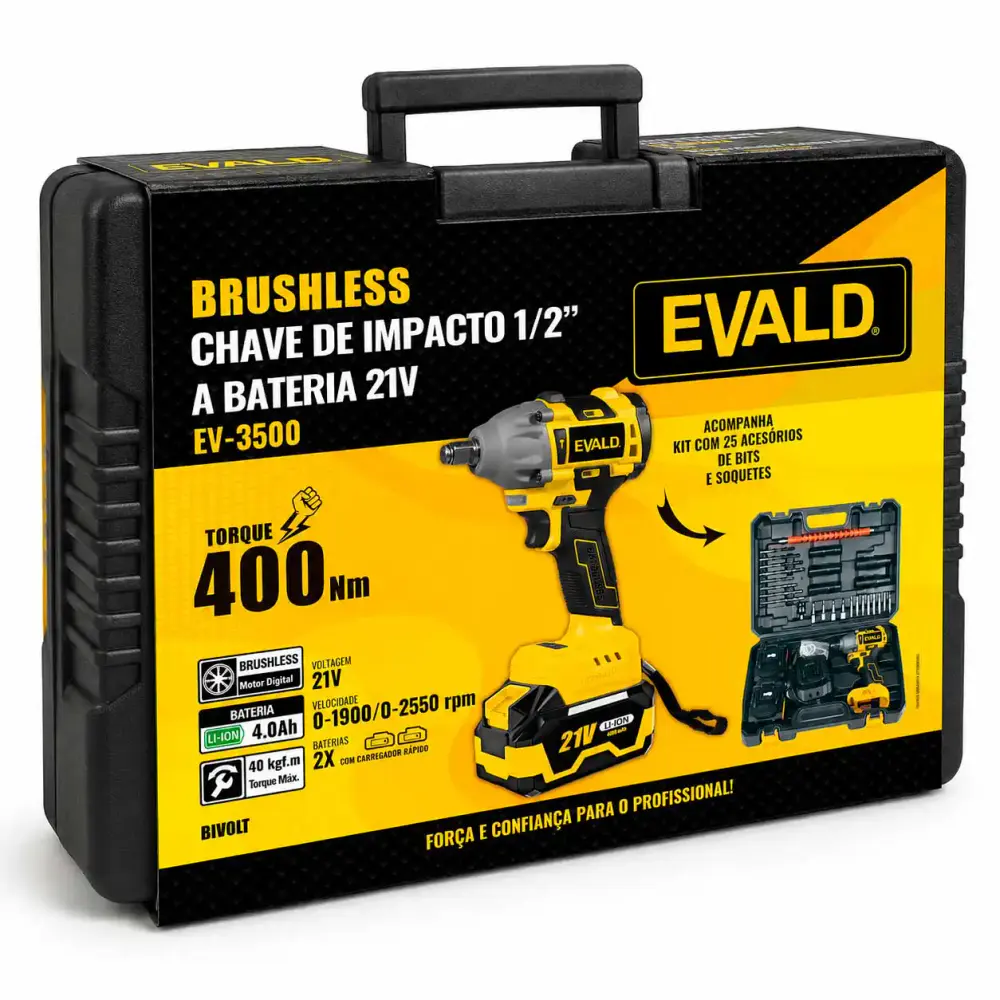 Chave de impacto 1/2 POL 21V brushless com 2 baterias 4AH e maleta EV-3500 Evald — fotografia 8