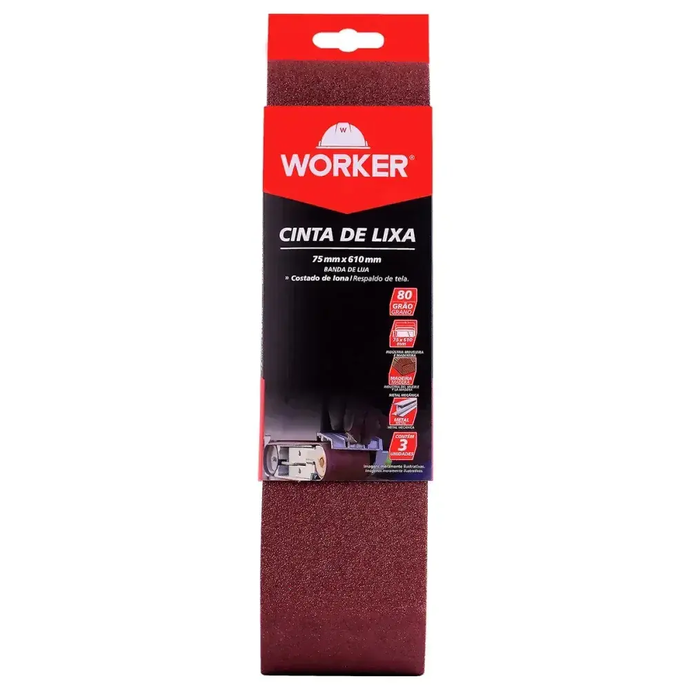 Lixa cinta 75 x 610MM grão 80 costado de lona 3 peç Worker — fotografia 2