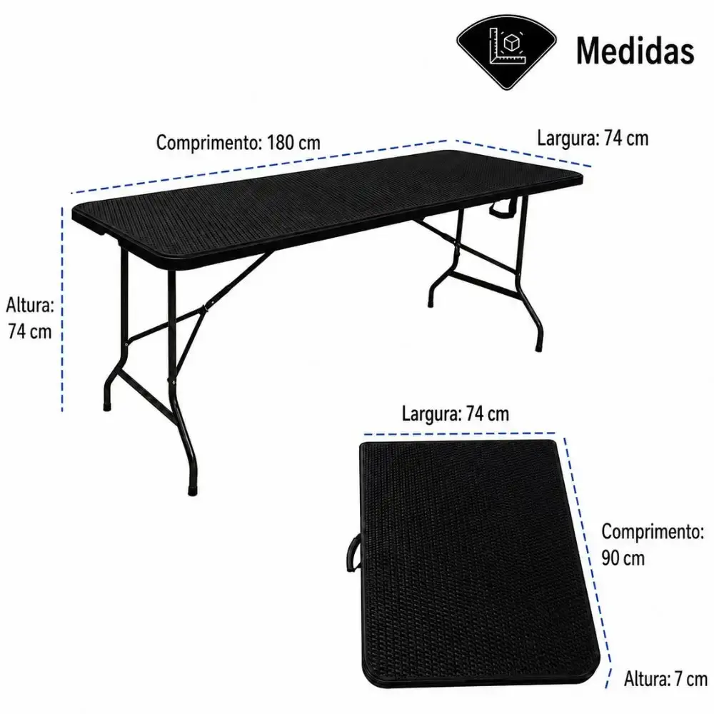 Kit Mesa Dobrável Rattan 180 x 74 x 74 CM Vira Maleta com Toalha Capa Elástica Preta CASA LYS Zelt — fotografia 10