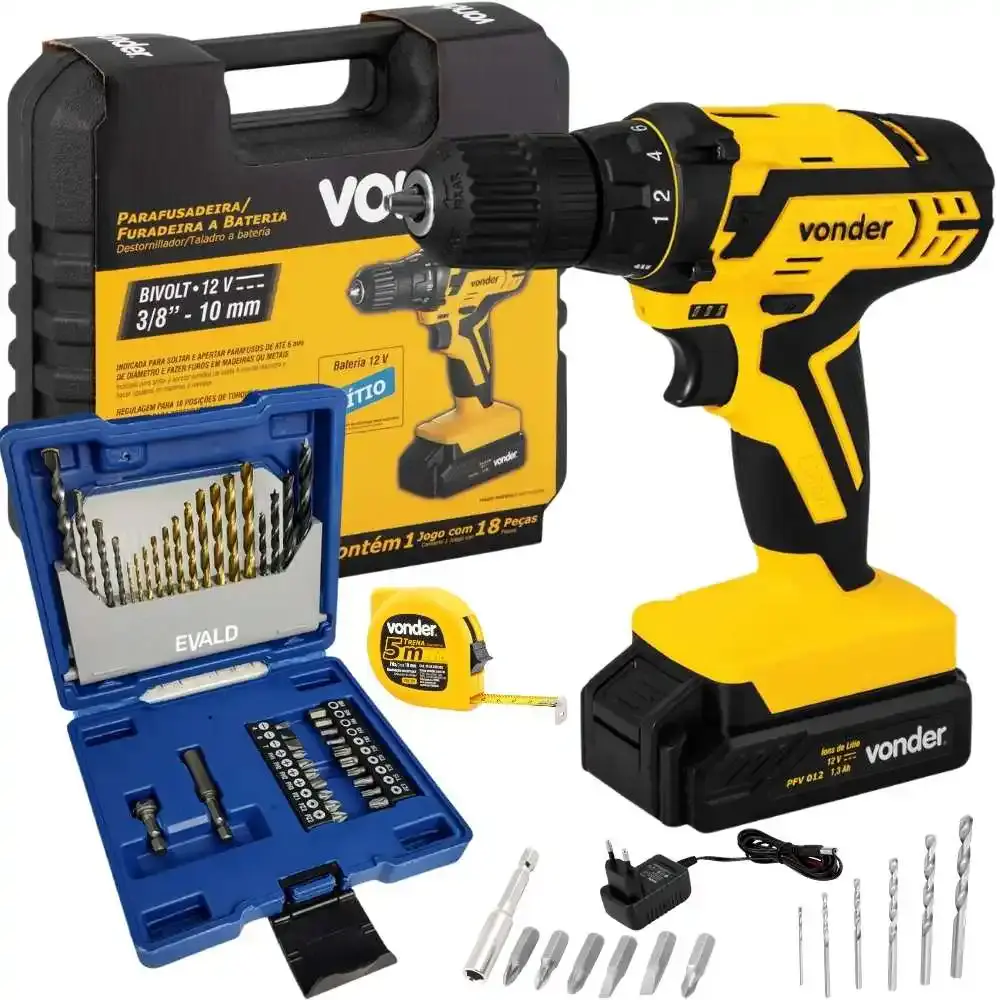 Parafusadeira furadeira 12V com bateria carregador bivolt PFV 012 Vonder e kit 41 pçs evald
