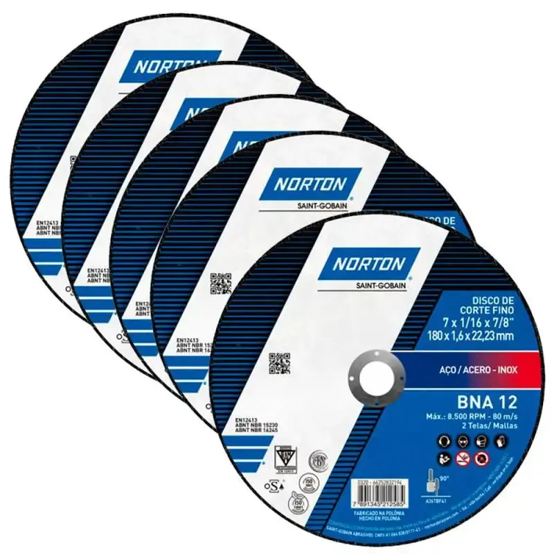 Disco de Corte Inox 7 POL x 1.6 MM Furo 7/8 BNA 12 Kit com 5 Peças NORTON — fotografia de referência
