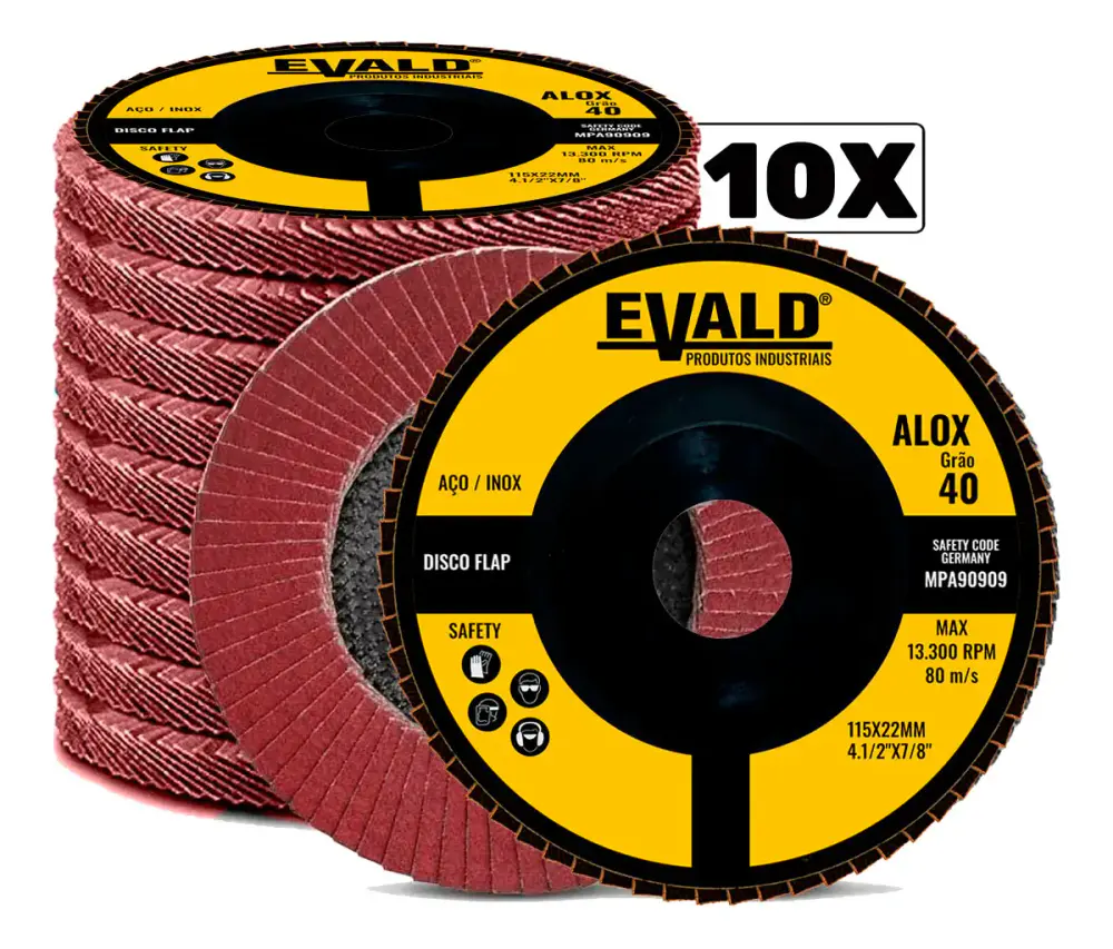 Disco de lixa flap 4.1/2 POL 115 MM aço inox grão 40 oxido de alumínio alox kit 10 peças Evald