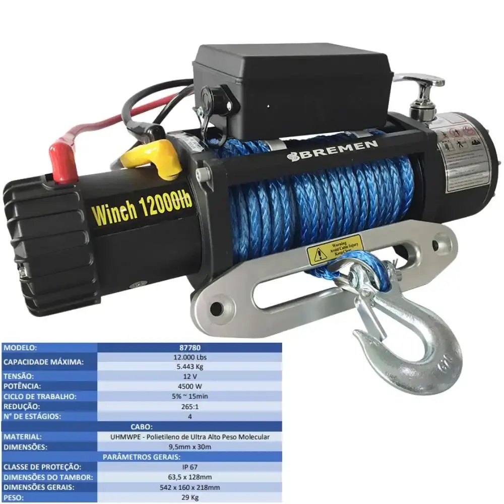 Guincho elétrico 12V com cabo sintético kevlar 26M 12000LBS 5443 KG Bremen — fotografia 5
