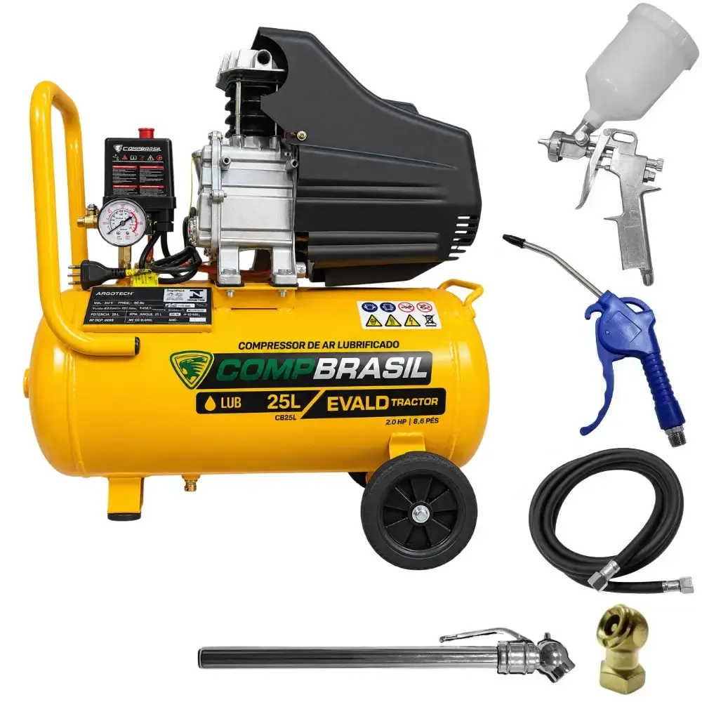 Compressor portátil lub 8,6PÉS 2HP 25 litros com kit multiuso 5 pçs evald tractor combrasil 110 V Compbrasil