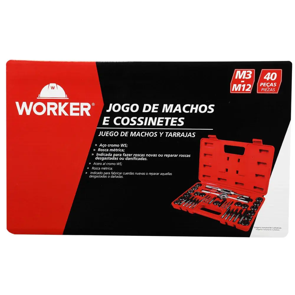 Jogo machos e cossinetes 40 peç milimétrico M3-M12 Worker — fotografia 5