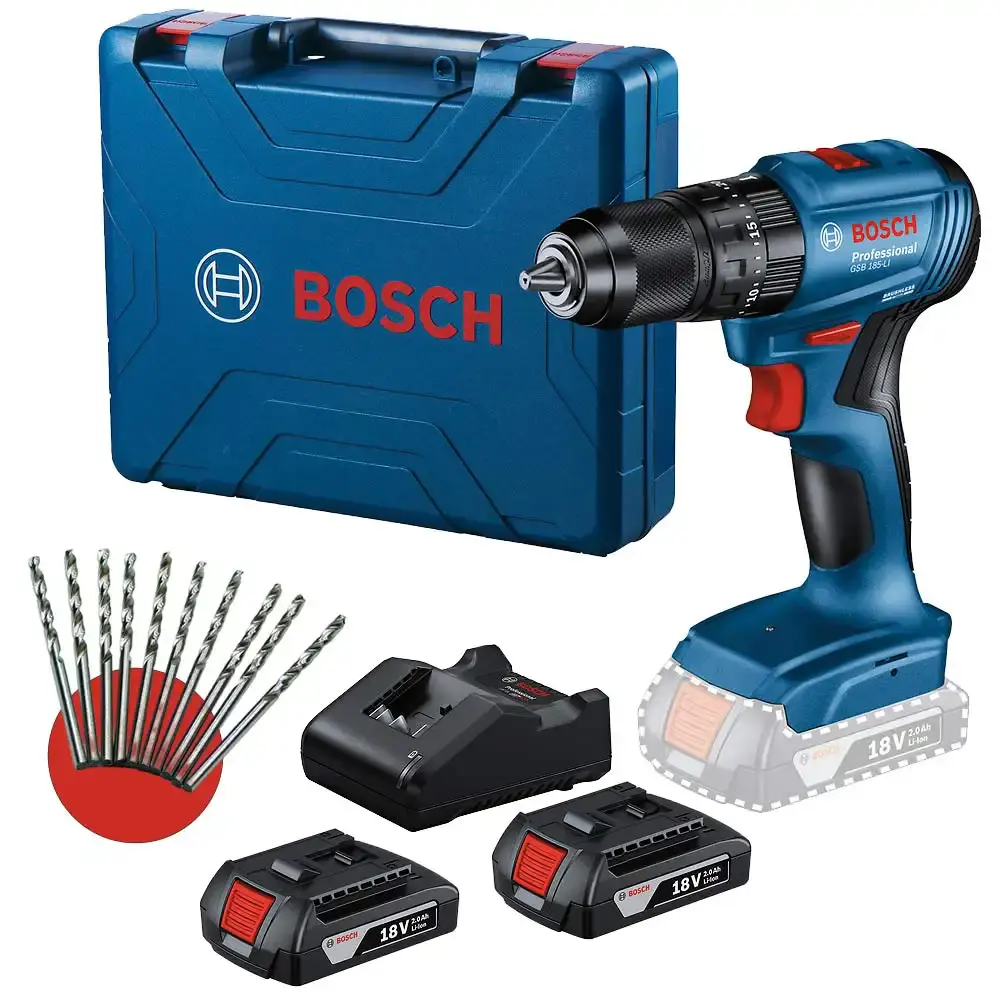 Parafusadeira bateria impacto 18V 65NM GSB 185-LI kit 2 baterias bivolt Bosch + kit 10 brocas — fotografia de referência