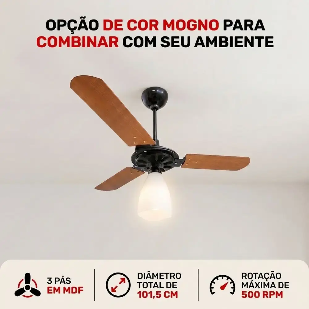 Ventilador de teto aeris 3 pás tulipa aberta casa LYS Marrom 220 V — fotografia 9
