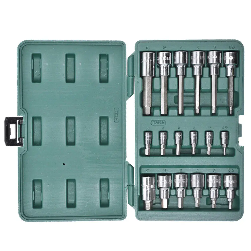 Jogo de soquetes com bits hexagonais 18 pçs 1/4 e 1/2” Sata