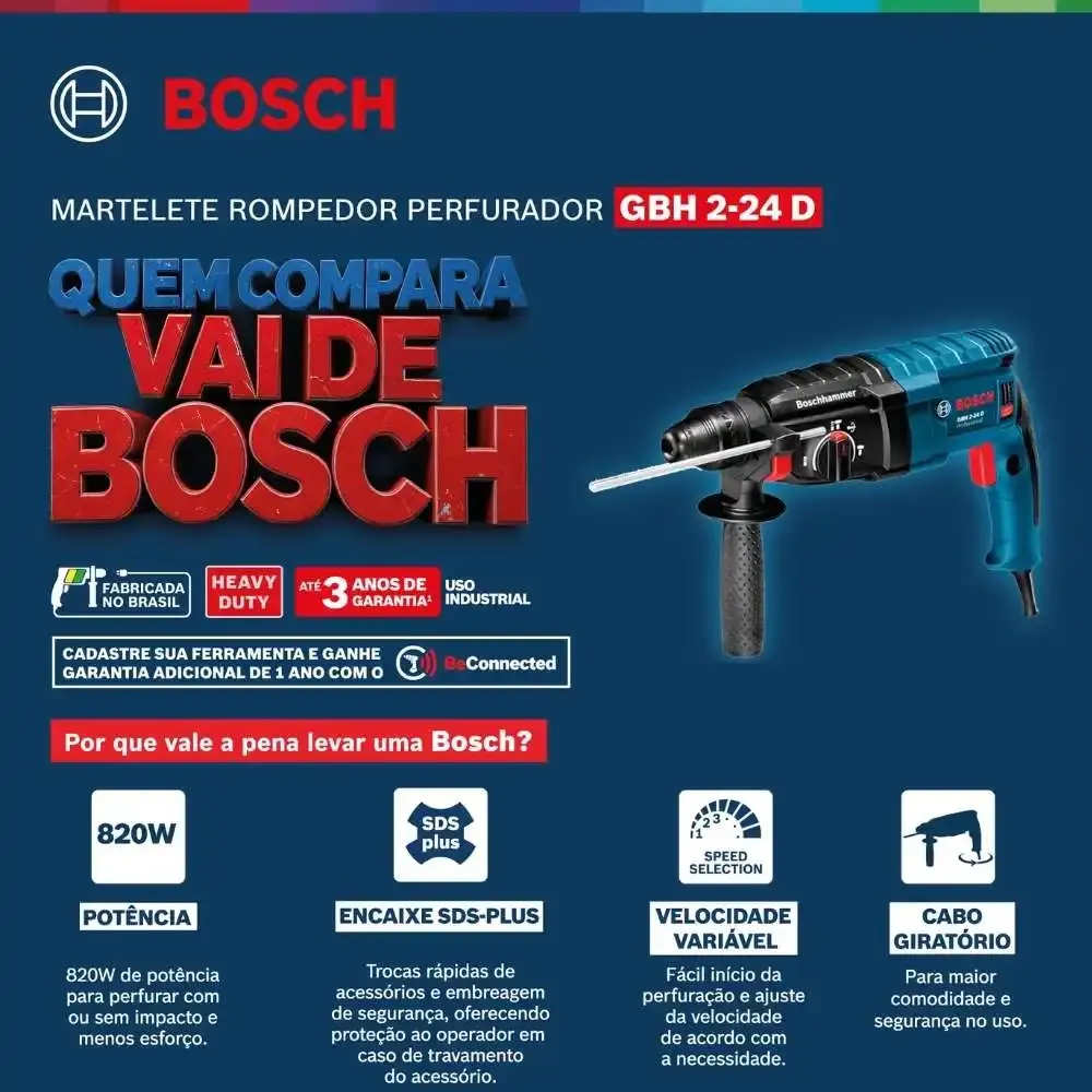 Martelete perfurador rompedor sds-plus 820W 2,7KG com maleta GBH 2-24D Bosch 110 V