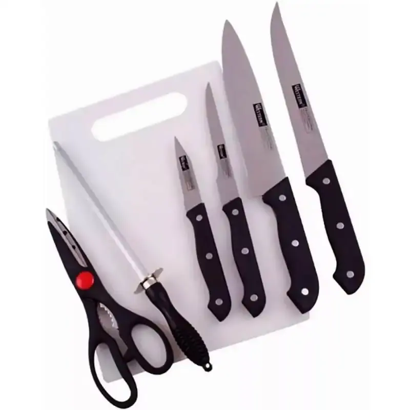 Kit de facas para cozinha com tesoura. chaira. tábua e facas 7 peças Western — fotografia de referência