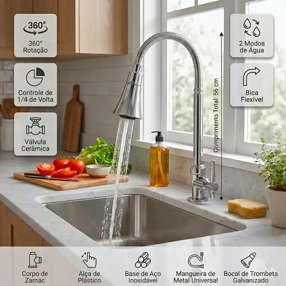 Torneira flexível gourmet para cozinha 2 jatos 56CM ABS e aço inox casa LYS — fotografia 3