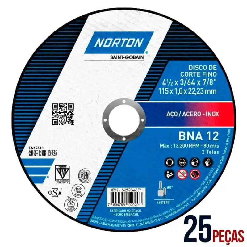 Disco de corte BNA 12 para metal e inox 4.1/2 POL kit com 25 unidades Norton — fotografia 2