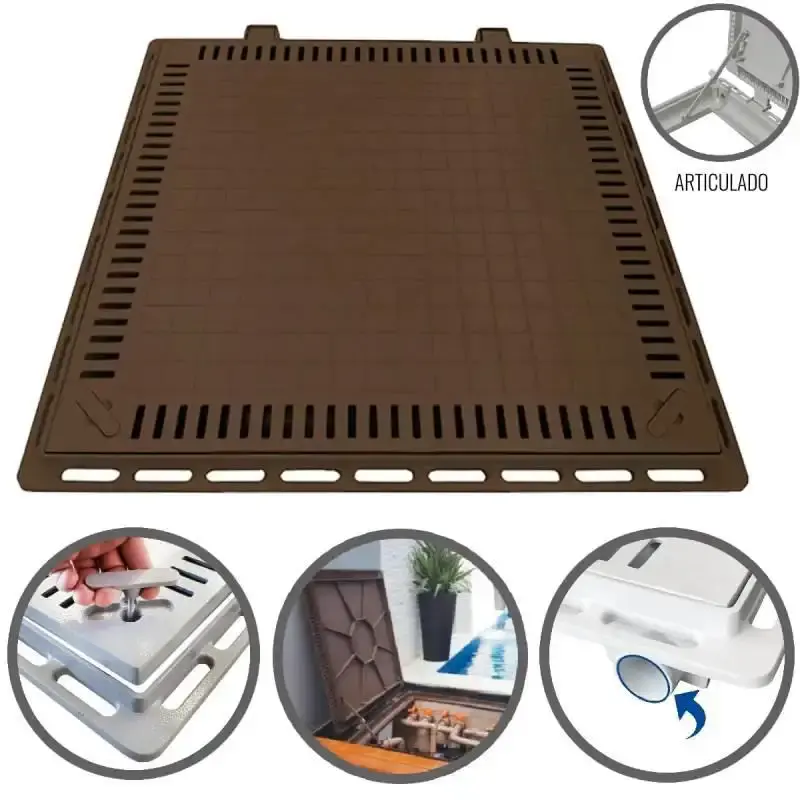 Tampão 80 x 80 CM Articulado com Grelha para Casa de Máquinas de Piscinas 3174 Marron Fosco Amortecedor GDA