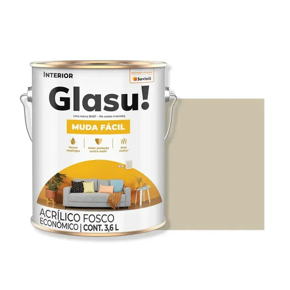 Tinta acrílica muda fácil fosco palha 3,6L glasu Suvinil Glasu! — fotografia 2
