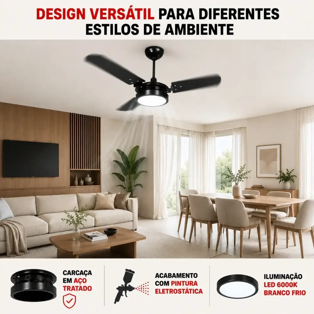 Ventilador de teto ventus 3 pás com LED 6K casa LYS Branco 220 V — fotografia 9