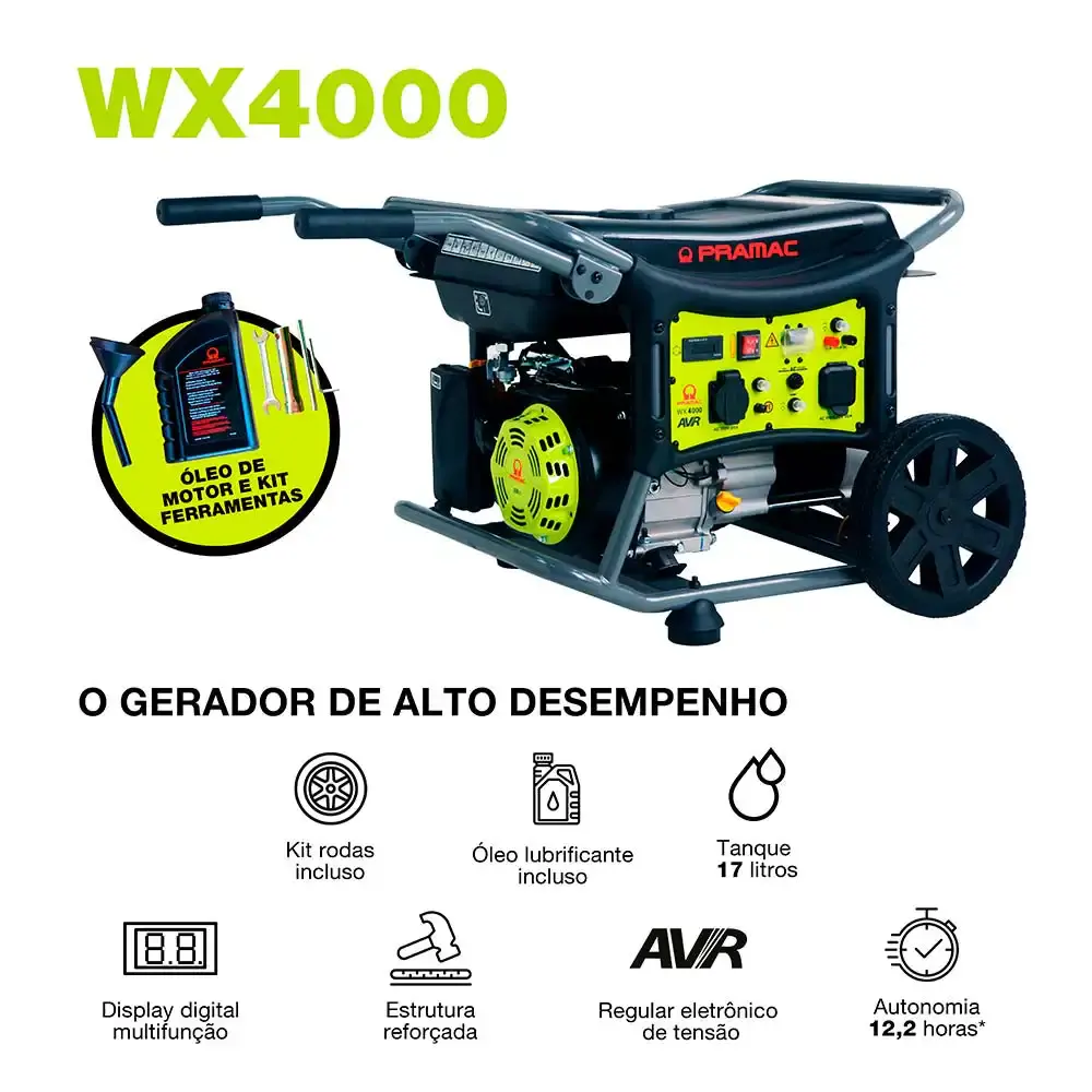 Gerador à gasolina 4KVA digital com avr 4T WX4000 mono bivolt com rodas PR322MXI003I Pramac — fotografia 3