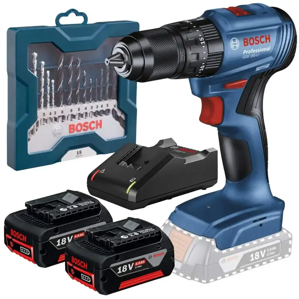 Parafusadeira de impacto 65NM brushless com 2 baterias 4,0AH carregador bivolt e estojo 15 peças Bosch — fotografia de referência