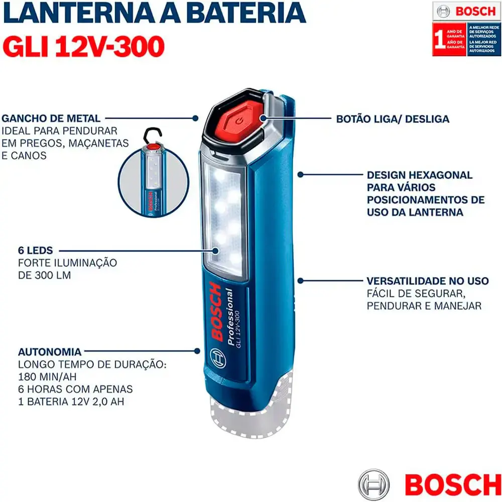 Lanterna LED à bateria 300 lumens sem bateria GLI 12V-300 Bosch — fotografia 4