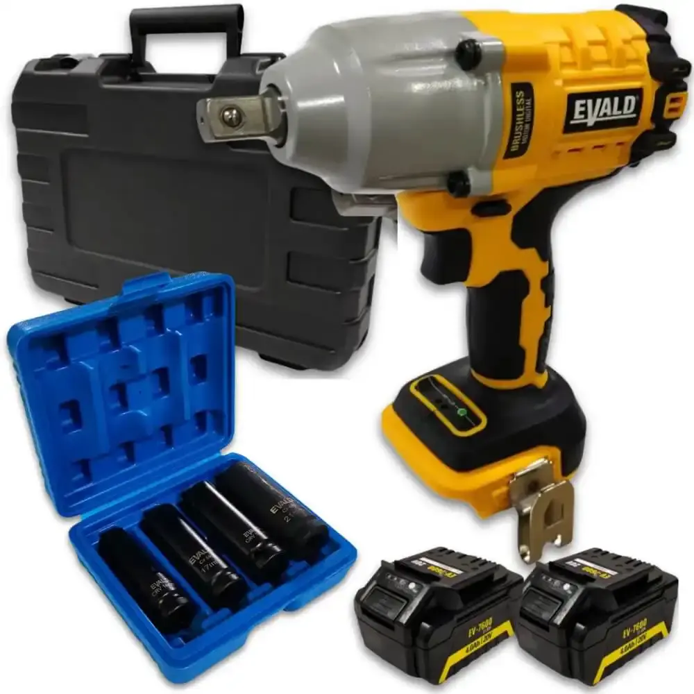 Chave de impacto 20V 620NM EV7600 2 baterias jogo soquetes longos 14-21MM 4 pçs Evald — fotografia de referência