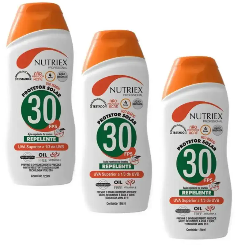 Protetor solar FPS 30 com repelente 120 ML bisnaga com 3 peças Nutriex