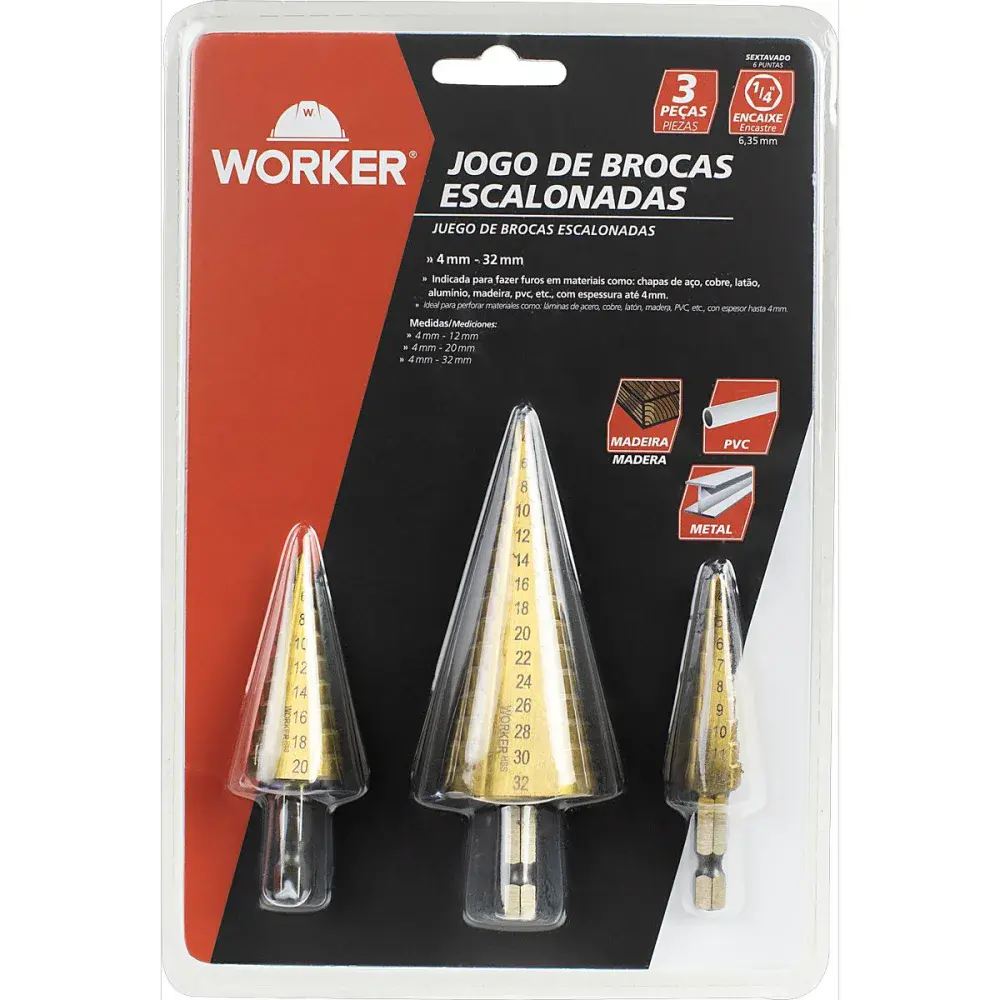 Jogo de brocas escalonadas 4-32MM 3 peç Worker — fotografia 4