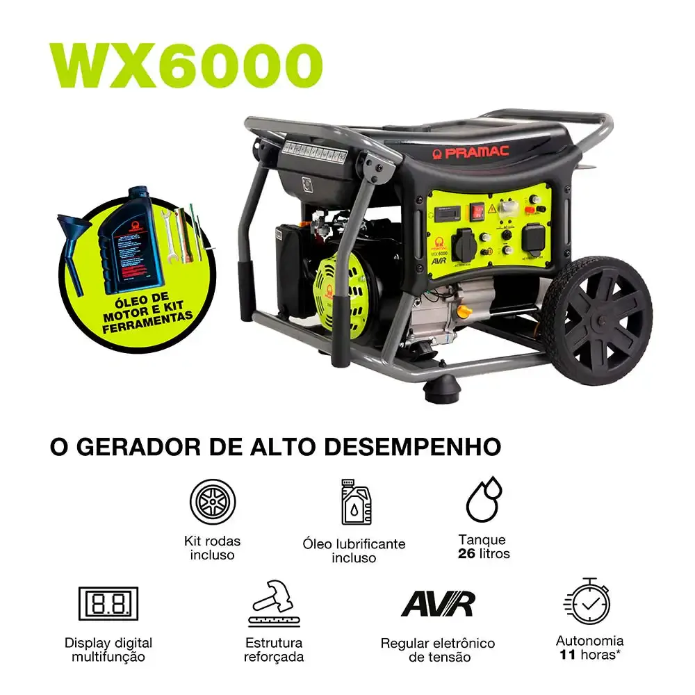 Gerador à gasolina 6 KVA 4T digital com AVR mono bivolt WX6000 Pramac — fotografia 2