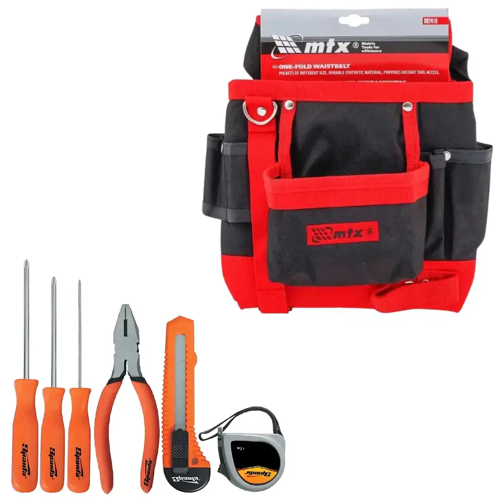 Kit ferramentas com 6 peças e bolsa em lona com 7 bolsos e cinto Sparta
