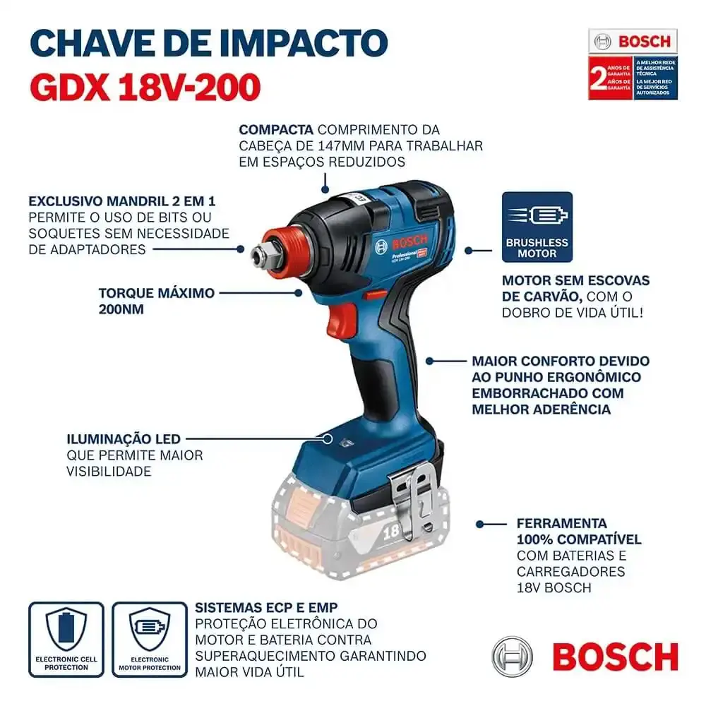 Chave de impacto à bateria 18V brushless mandril 2 em 1 sem bateria e carregador GDX18V-200 Bosch — fotografia 5