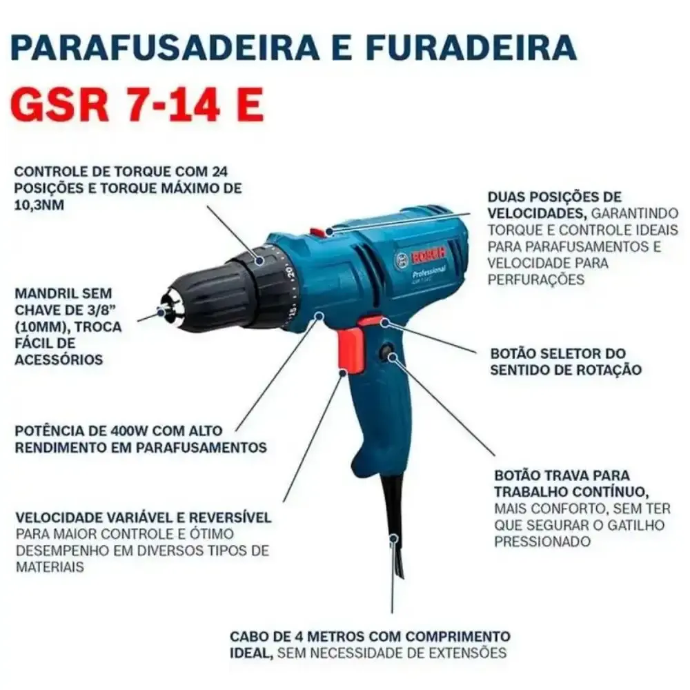 Parafusadeira Elétrica 400W cabo 4m com Kit de Pontas 33 Peças BOSCH 220 V — fotografia 6