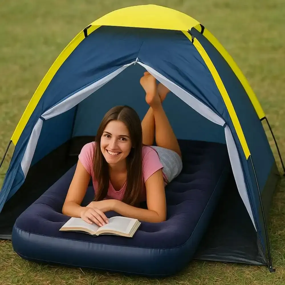 Barraca iglu para camping 2 pessoas azul com colchão inflável solteiro e inflador mecânico Mor — fotografia 5
