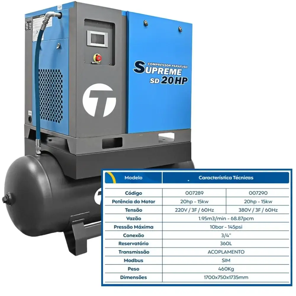 Compressor de parafuso supreme com reservatório 360L 20HP 10BAR 380V SD20 techto — fotografia 5