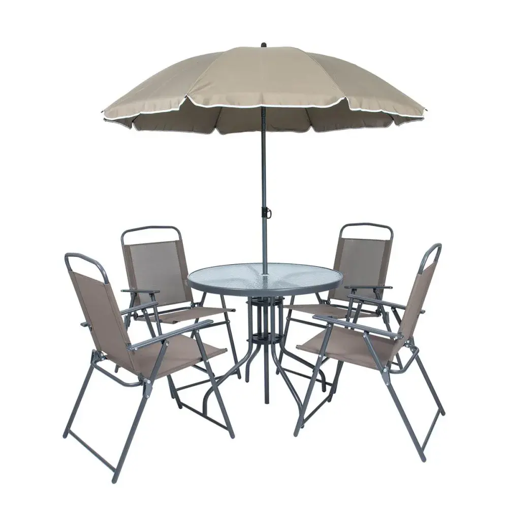 Conjunto de mesa e cadeiras com ombrelone marrom Kala — fotografia de referência