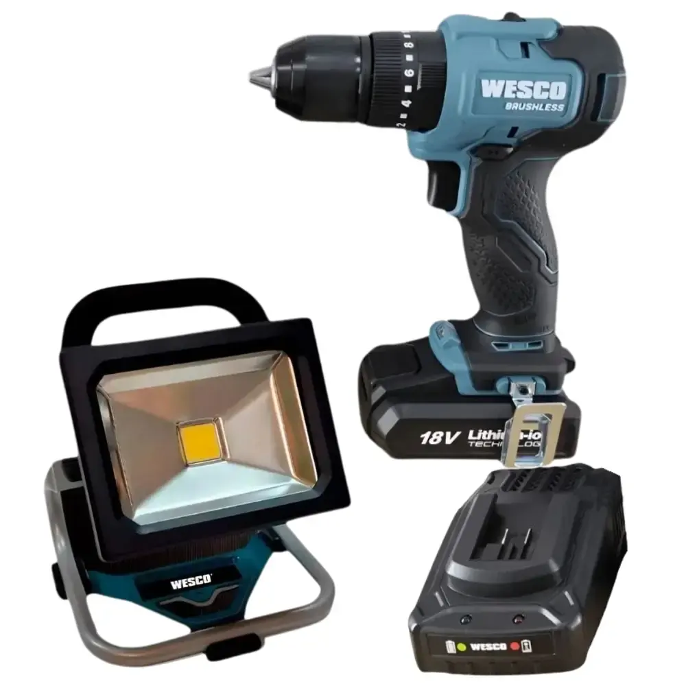 Parafusadeira 1/2 POL 18V e refletor de LED com bateria 18V e carregador Wesco — fotografia de referência