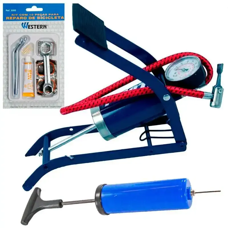 Bomba para Inflar com Pedal e Manômetro + Mini Bomba p/ Bolas + Kit Reparo Pneus WESTERN