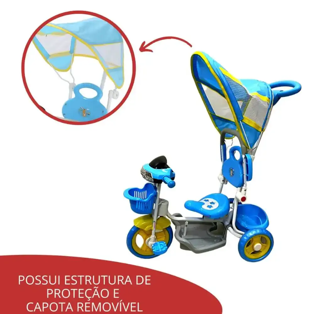 Triciclo motoca infantil passeio azul com empurrador e cobertura BW003-A ImportWay — fotografia 5