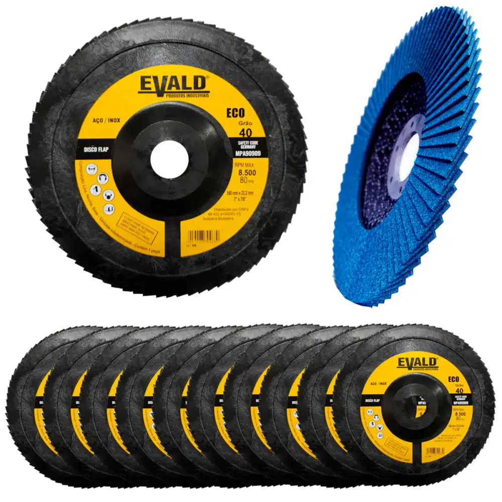 Disco de Lixa Flap 7 POL 180 mm Aço Inox Grão 40 Kit 10 Unidades EVALD — fotografia de referência