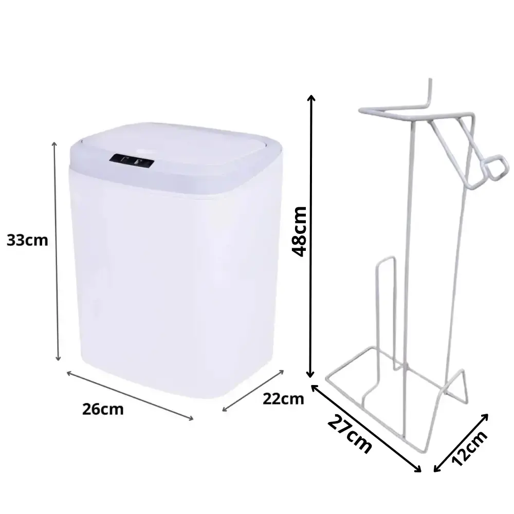 Lixeira automática branca 16 litros USB Kala com suporte para papel higiênico 3 rolos branco evald — fotografia 3