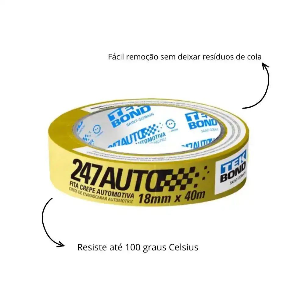 Fita Crepe 18 MM x 40 Metros Automotiva Amarela TEKBOND TEK Bond