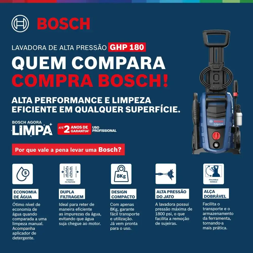 Lavadora de alta pressão 1500W 1800PSI GHP 180 Bosch 220 V — fotografia 2