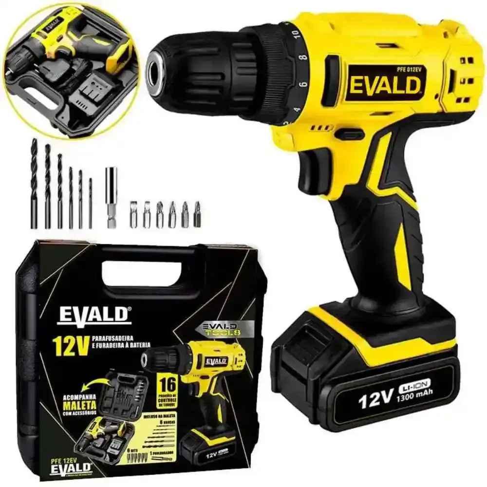 Parafusadeira e furadeira à bateria 12V bivolt PFE-12EV com maleta e kit Evald — fotografia 3