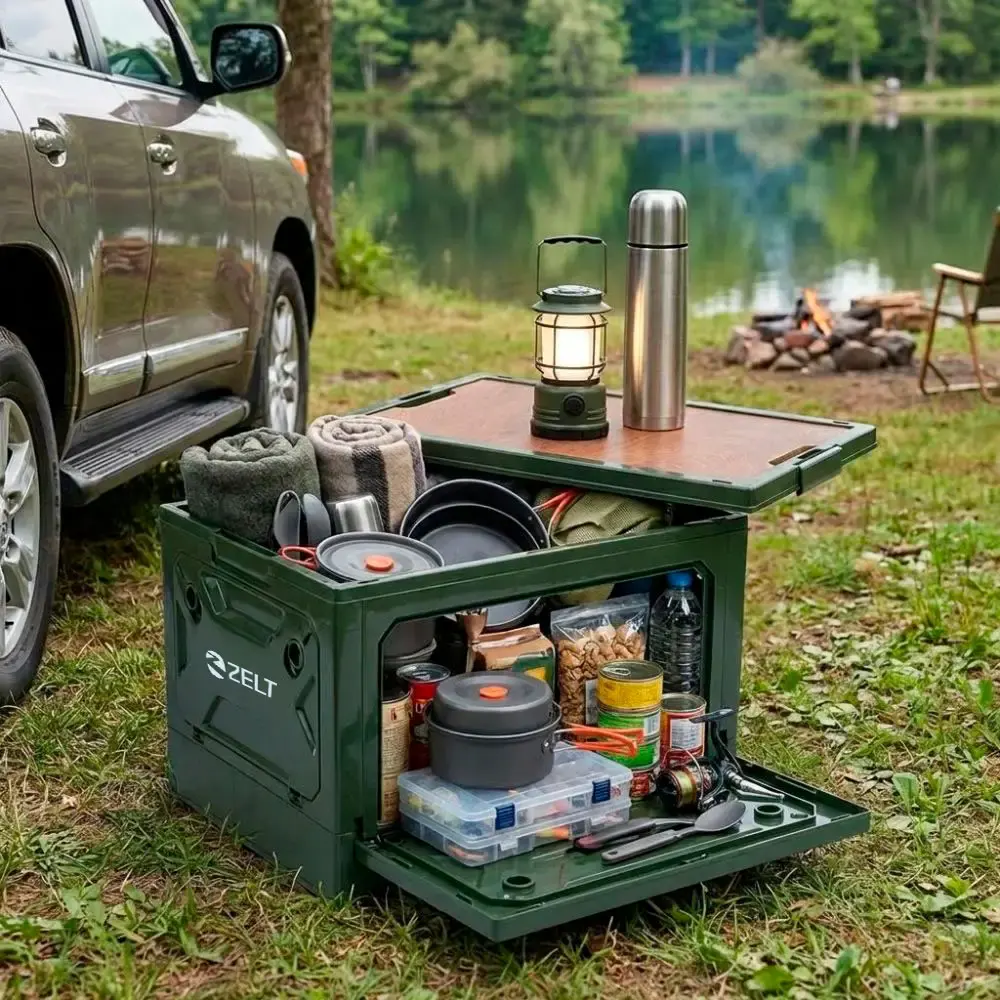 Caixa dobrável organizadora de armazenamento acampamento camping pesca carro 50L Zelt — fotografia 2
