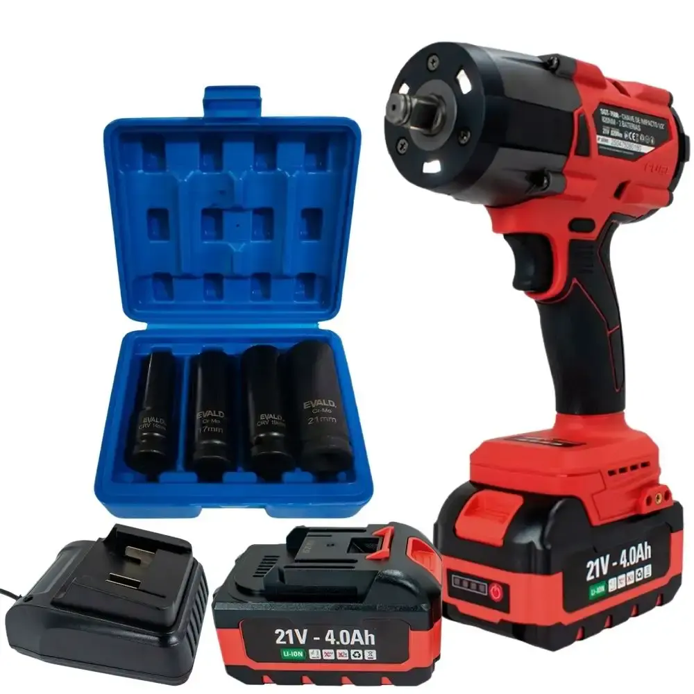 Chave de impacto 1/2 POL 21V 2 baterias carregador e maleta Sigma com kit soquetes 4 peças evald — fotografia 2