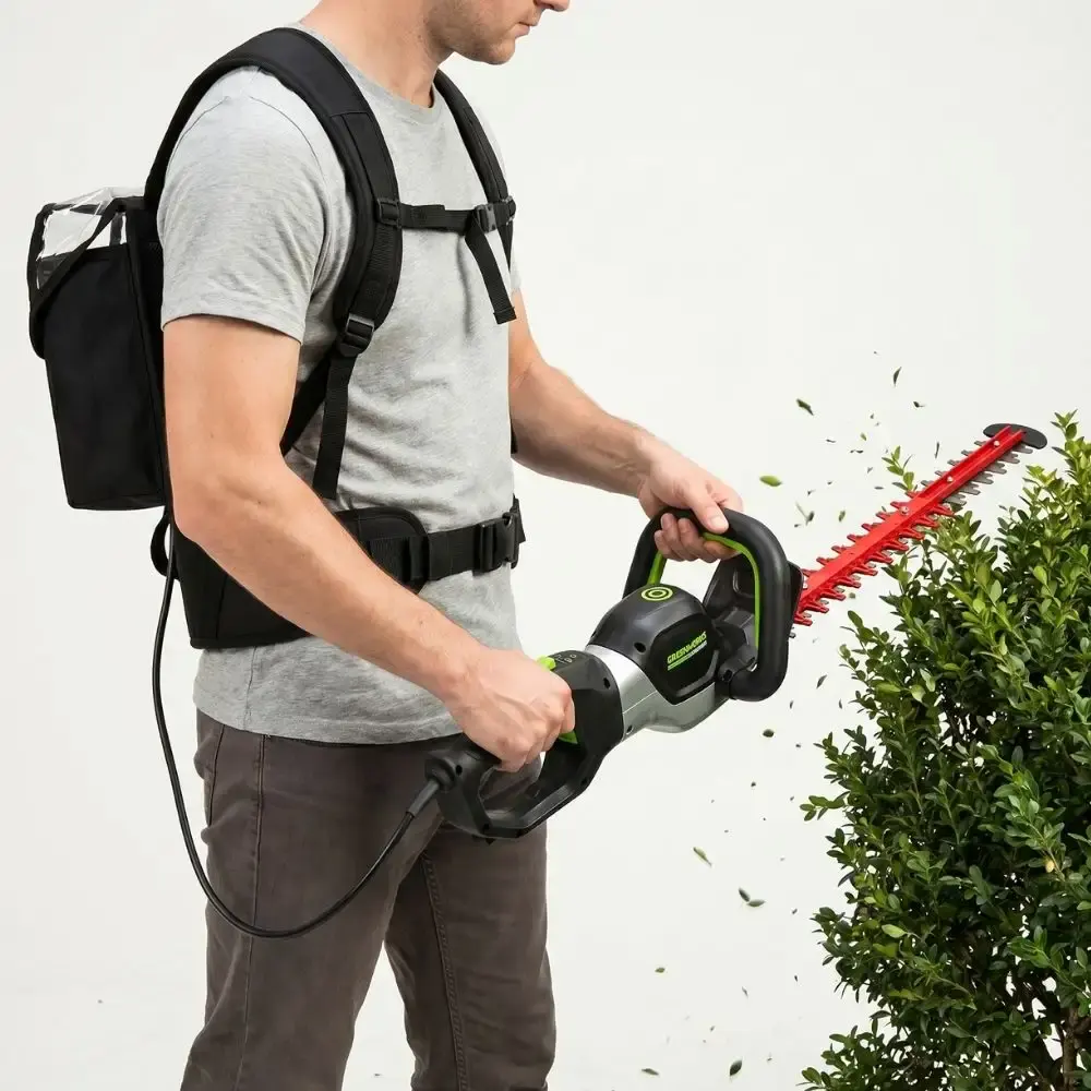 Aparador de cerca viva 82V 26POL 82H26D com mochila Greenworks — fotografia 5