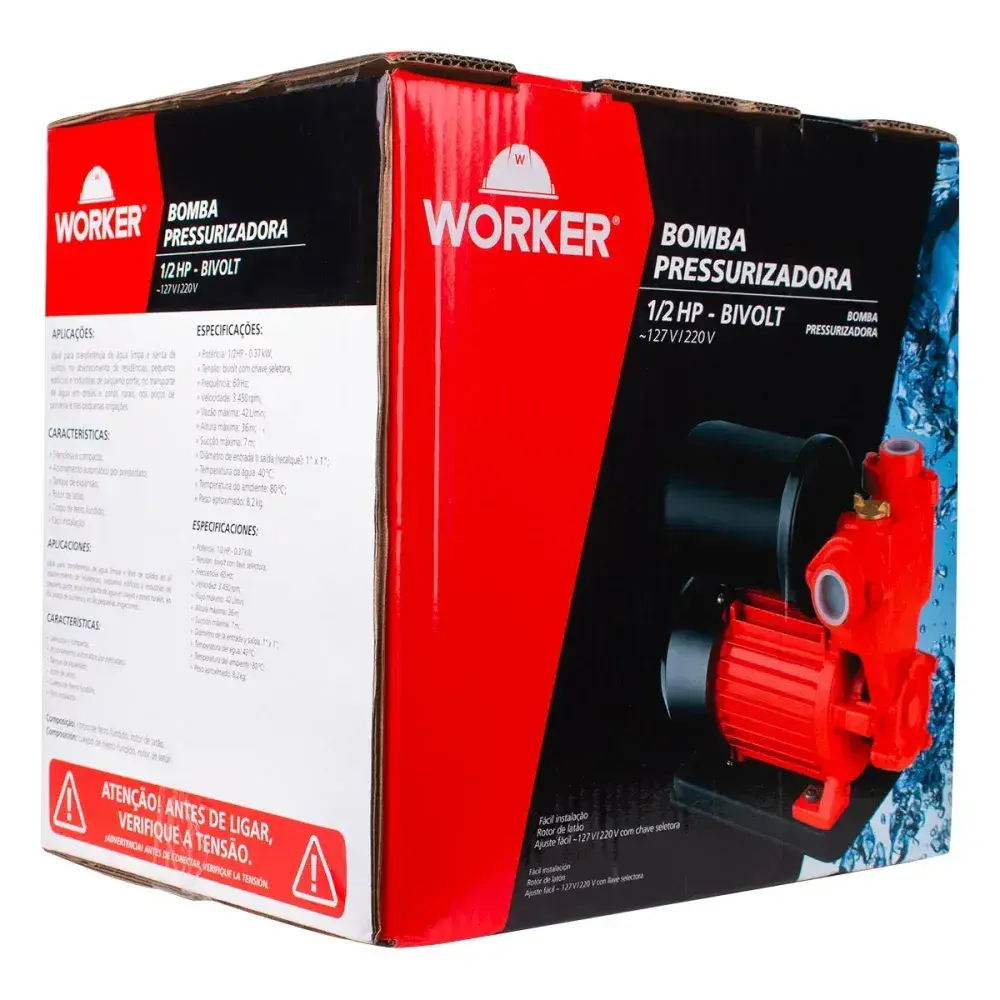 Bomba d'água pressurizadora 1/2HP 3450RPM bivolt Worker — fotografia 10