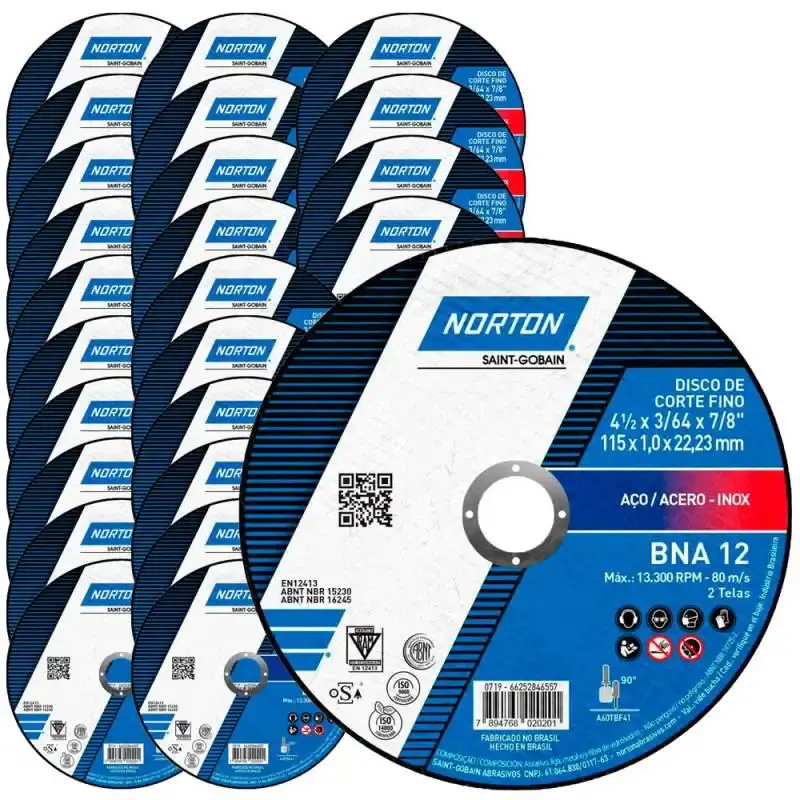 Disco de corte BNA 12 para metal e inox 4.1/2 POL kit com 25 unidades Norton