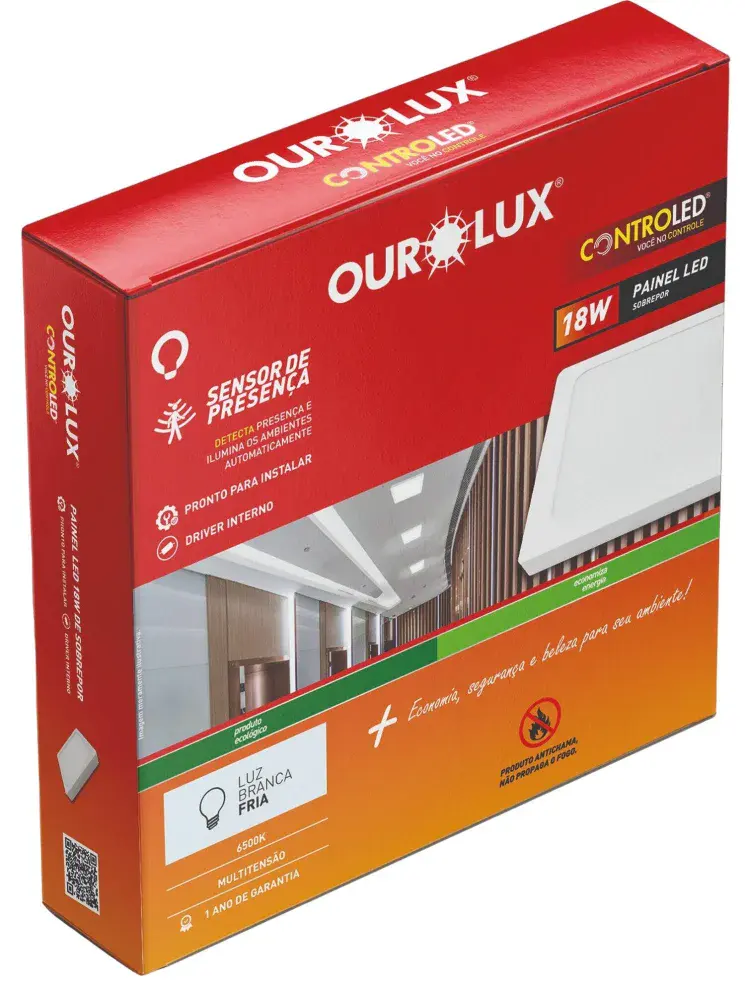 Painel de led com sensor de presença quadrado 18W 6500K Ourolux