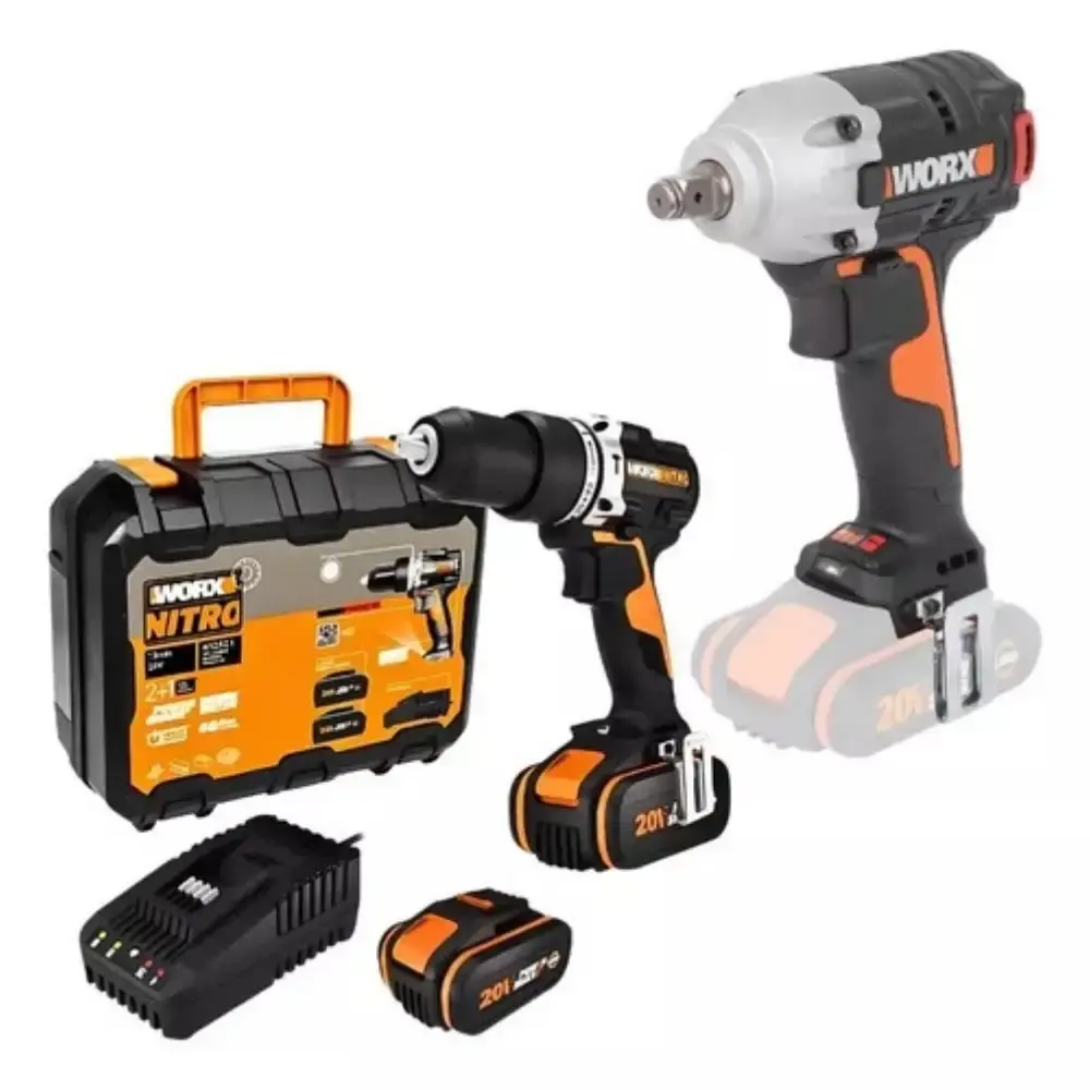 Chave de impacto 1/2 POL + furadeira de impacto 1/2 POL 2 baterias e carregador bivolt WX272.9 Worx