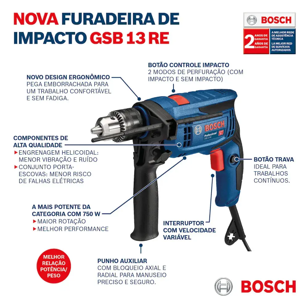 Furadeira de impacto gsb 13 1/2 750W Bosch — fotografia 8