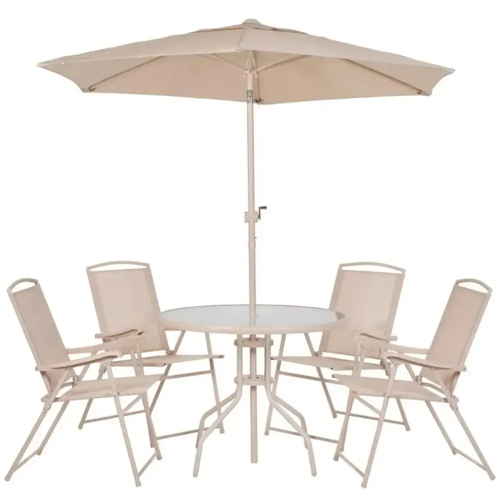Conjunto de mesa e cadeira e guarda sol para jardim em aço bege malibu Mor