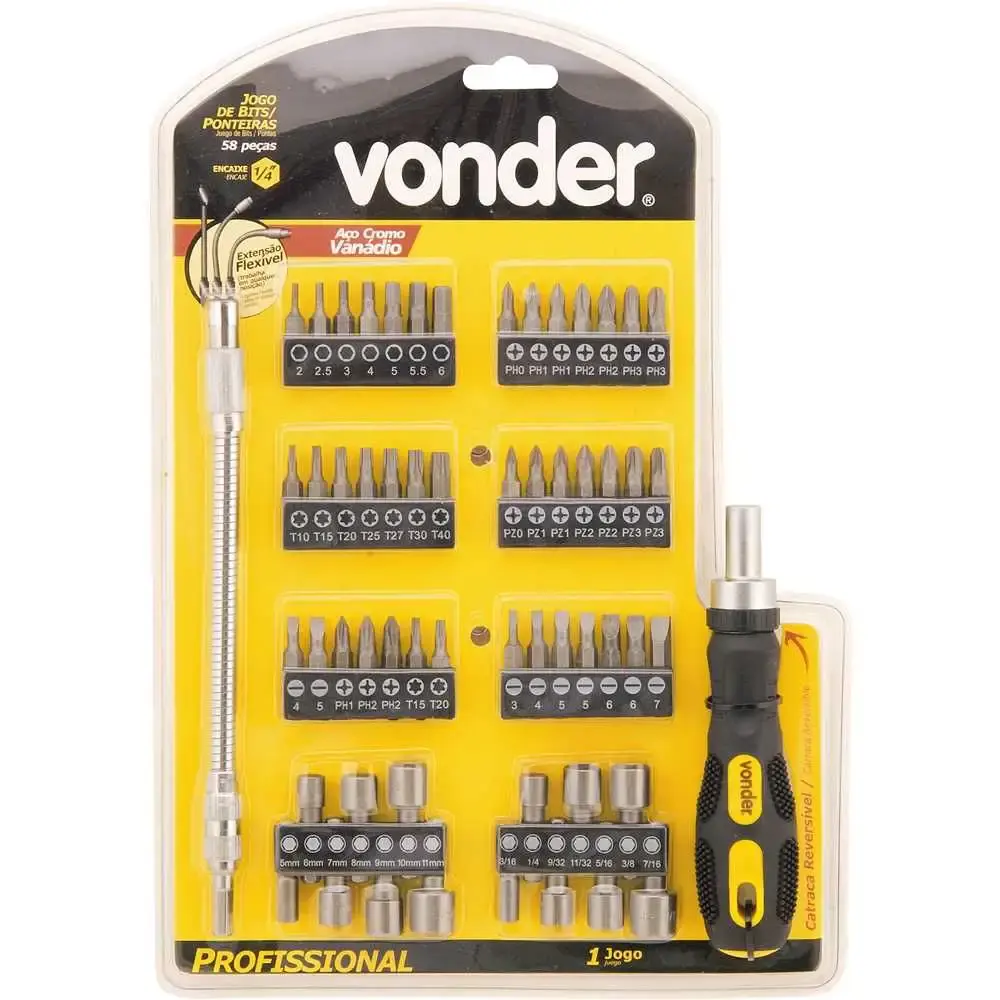 Kit de bits para parafusadeira com 58 peças Vonder — fotografia de referência